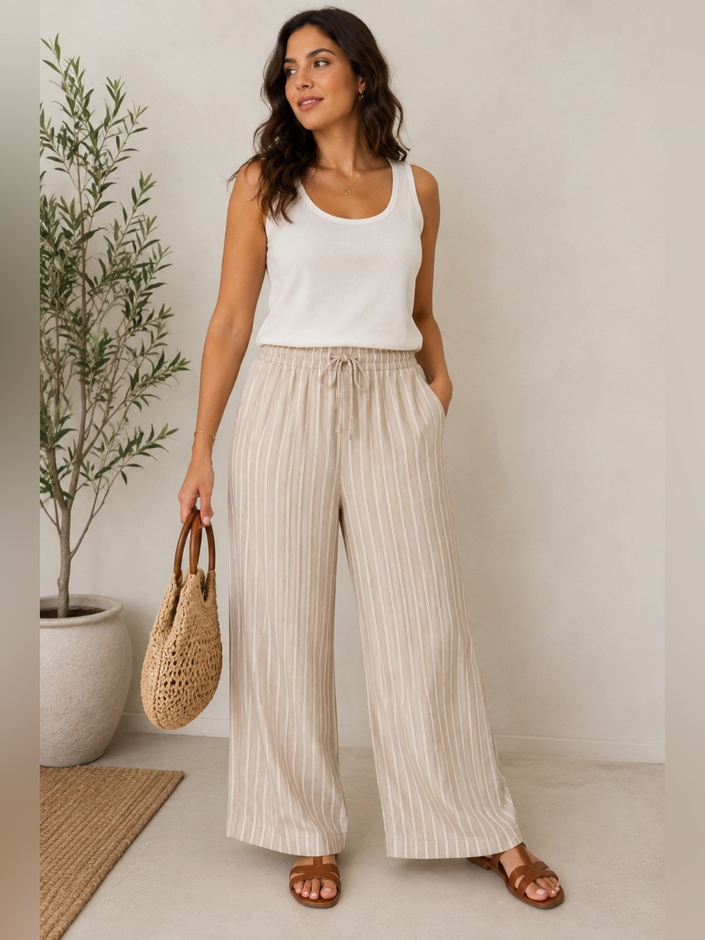 Briggs New York Linen Blend Wide Leg Pants XL Beige Stripe Drawstring Pull On